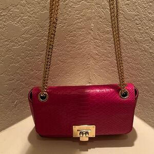 Michael Kors Two Way Chain Strap Bag Embossed Fuchsia Pink Leather Flap Purse